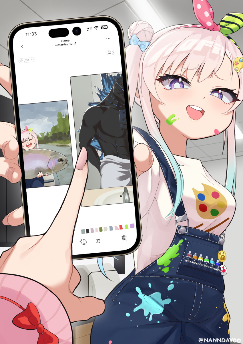 absurdres, airani_iofifteen, blue_hair, blush, breasts, cellphone, commentary, english_commentary
