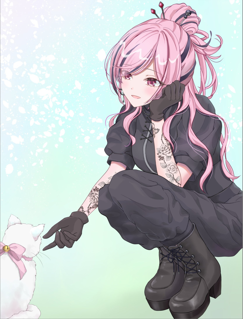 1girl, black_gloves, black_jacket, black_streaks, breasts, cat, commentary, gloves