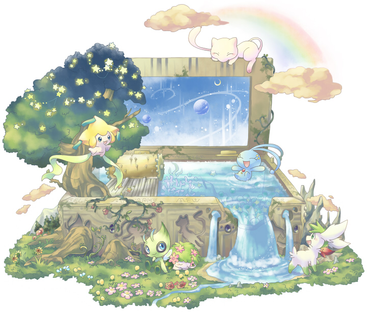 celebi, cloud, coral, ev133, flower, ibui_matsumoto, jirachi, manaphy, mew, moon, mushroom, music_box, planet, pokemon, pokemon_(creature), rainbow, shaymin, simple_background, sky, sleeping, star, star_(sky), starry_sky, tree, vines, water, waterfall