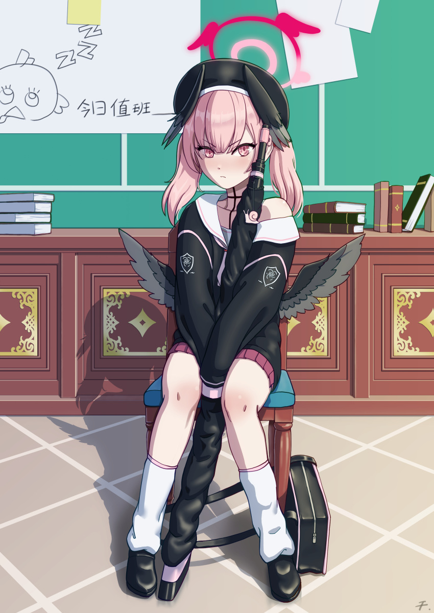 1girl, absurdres, bag, beret, black_bag, black_cardigan, black_hat, black_shoes, black_wings, blue_archive, body_markings, bolt_action, book, book_stack, cardigan, chair, closed_mouth, commentary_request, frown, gun, halo, hat, head_wings, highres, koharu_(blue_archive), long_sleeves, looking_at_viewer, loose_socks, medium_hair, miniskirt, on_chair, p14_enfield, peroro_(blue_archive), pink_hair, pleated_skirt, qiannian_zuojia, red_skirt, rifle, shadow, shoes, single_bare_shoulder, sitting, skirt, socks, solo, twintails, v-shaped_eyebrows, weapon, white_socks, wings, zzz