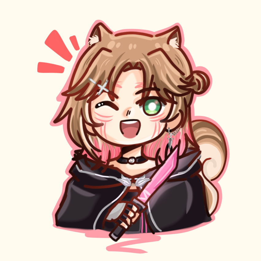 1girl, animal_ears, ayunda_risu, ayunda_risu_(dark_side), blush, brown_hair, chibi, cloak