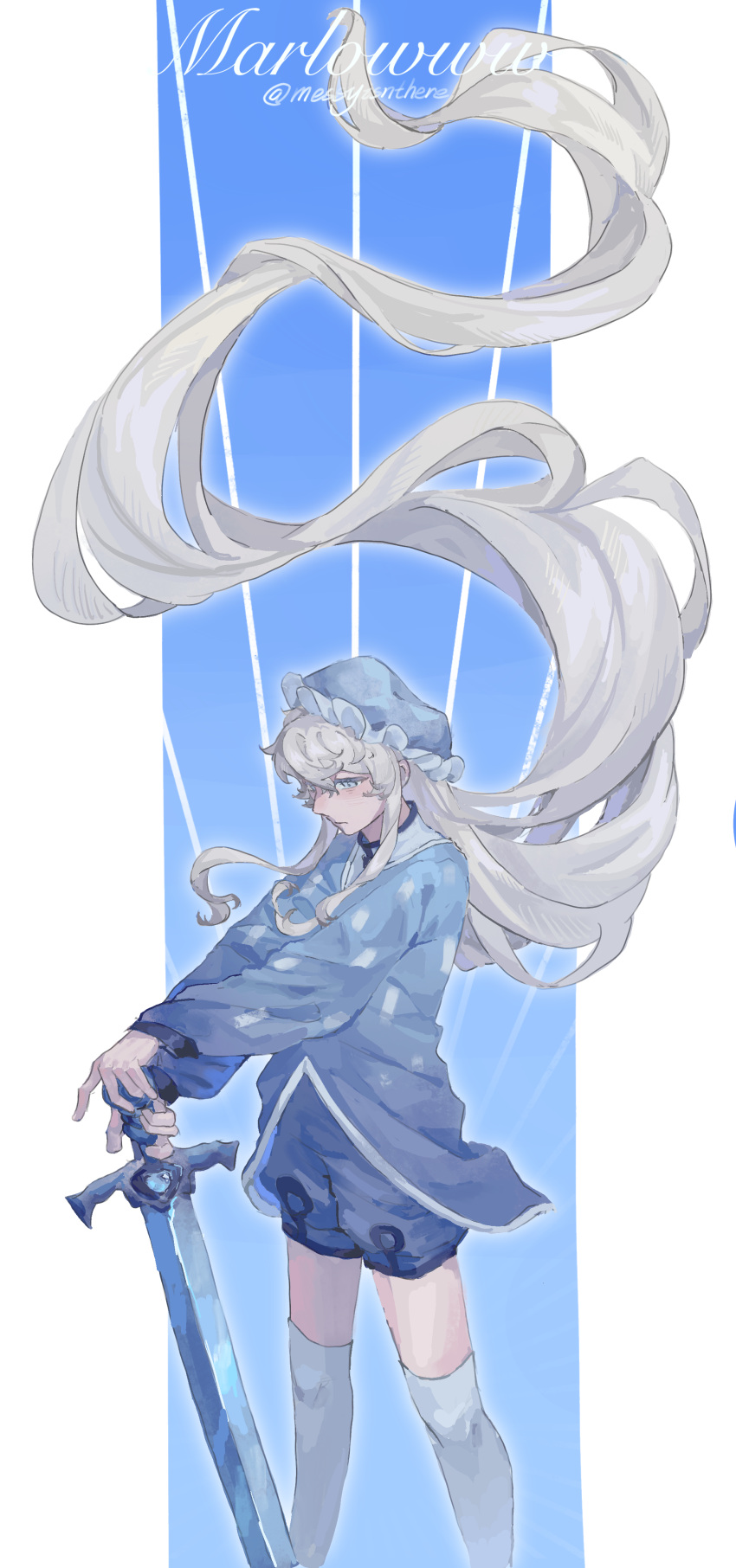 1girl, absurdly_long_hair, absurdres, animification, blue_eyes, blue_hat, blue_shirt, blue_shorts, blue_theme, character_name, chinese_commentary, commentary_request, hat, highres, holding, holding_sword, holding_weapon, lanlin, long_hair, long_sleeves, marlowww, minecraft_youtube, pajamas, shirt, shorts, socks, solo, standing, sword, tenshi_kaiwai, very_long_hair, weapon, white_hair, white_socks