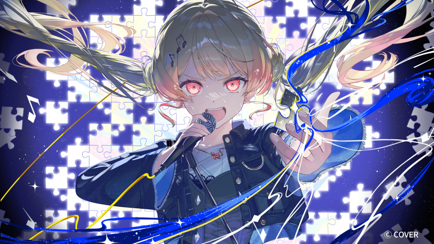 1girl, absurdres, ahoge, angry, beamed_eighth_notes, black_dress, blonde_hair, blue_jacket