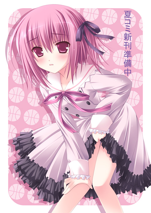 dress, dress_lift, hair_ribbon, hand_on_knee, hironii_(nirvana_soft), minato_tomoka, mole, purple_eyes