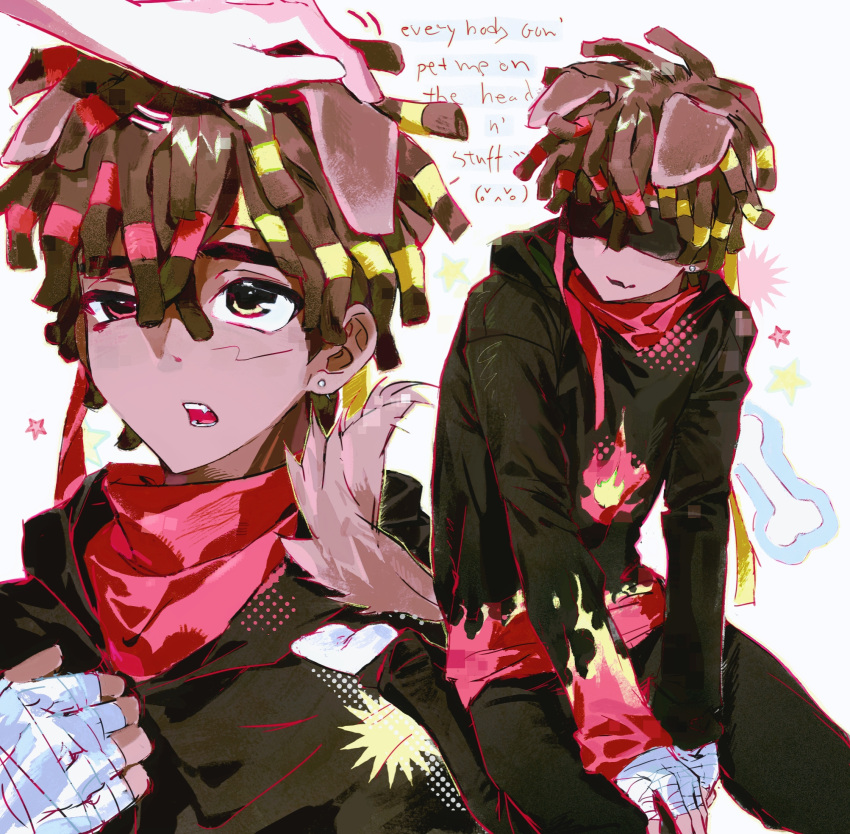1boy, 1other, adujiang, animal_ears, animification, bandaged_hand, bandages, black_pants, black_shirt, blindfold, brown_hair, chinese_commentary, commentary_request, dark-skinned_male, dark_skin, dog_boy, dog_ears, dog_tail, dreadlocks, emoticon, english_commentary, english_text, extra_ears, flamefrags, heterochromia, highres, kaomoji, kemonomimi_mode, long_sleeves, male_focus, minecraft_youtube, mixed-language_commentary, neckerchief, no_shoes, open_mouth, out_of_frame, pants, red_eyes, red_neckerchief, shirt, short_hair, simple_background, sitting, socks, solo_focus, tail, unstable_universe, wariza, white_background, white_socks, yellow_eyes