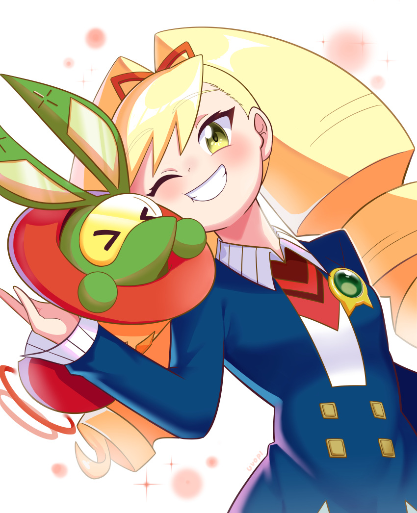 1girl, absurdres, blonde_hair, blue_shirt, blush, commentary_request, drill_hair, green_eyes, highres, long_hair, luna_platz_(mega_man), mega_man_(series), mega_man_star_force_(series), one_eye_closed, shirt, smile, uvopi