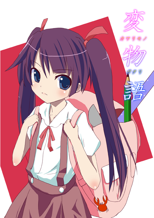 bag, bakemonogatari, blue_eyes, cosplay, crab, hachikuji_mayoi, hachikuji_mayoi_(cosplay), long_hair