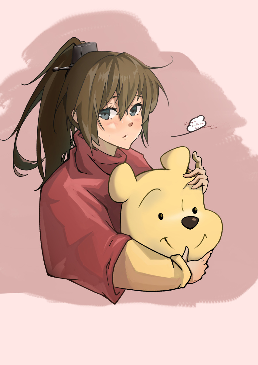 1girl, absurdres, bear_head, brown_hair, cosplay, cropped_torso, grey_eyes, highres