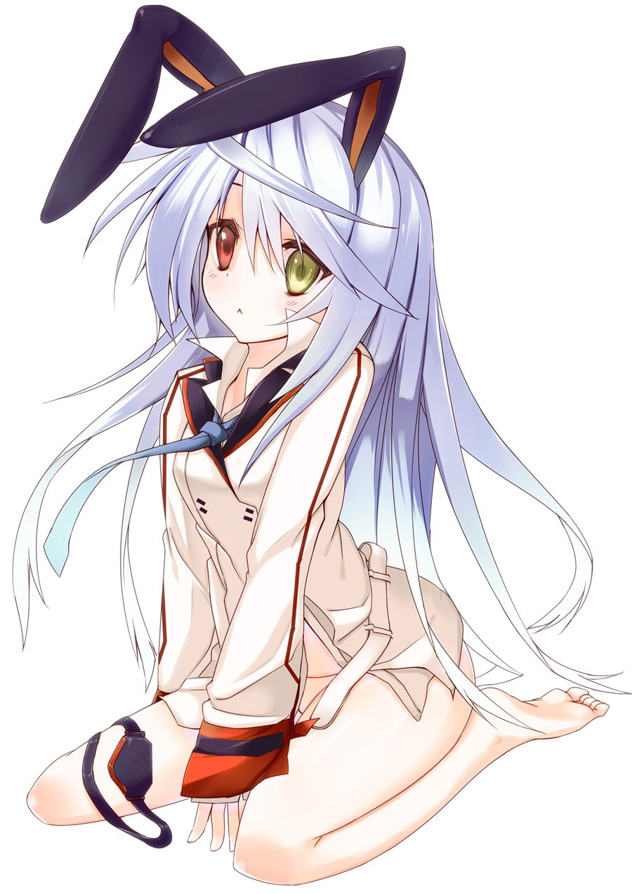 :<, animal_ears, barefoot, blue_hair, bottomless, bunny_ears, face, feet