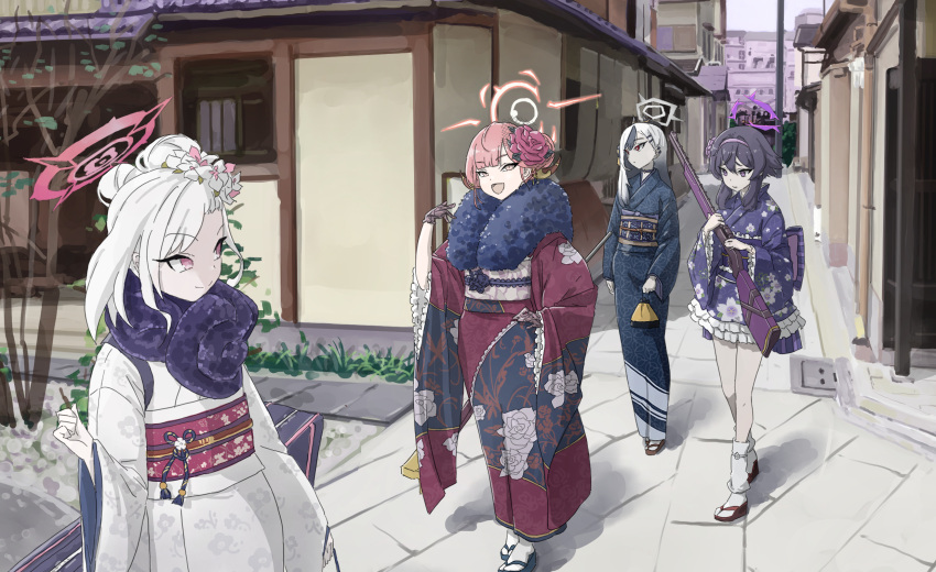 4girls, aru_(blue_archive), aru_(dress)_(blue_archive), bare_legs, blue_archive, commentary_request, desuyone0502, flower