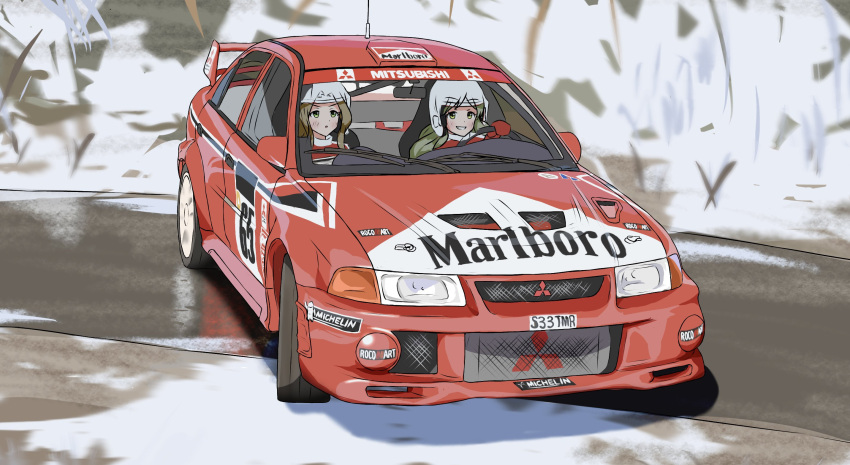 2girls, brown_hair, car, day, driving, green_eyes, grin, handa_roco