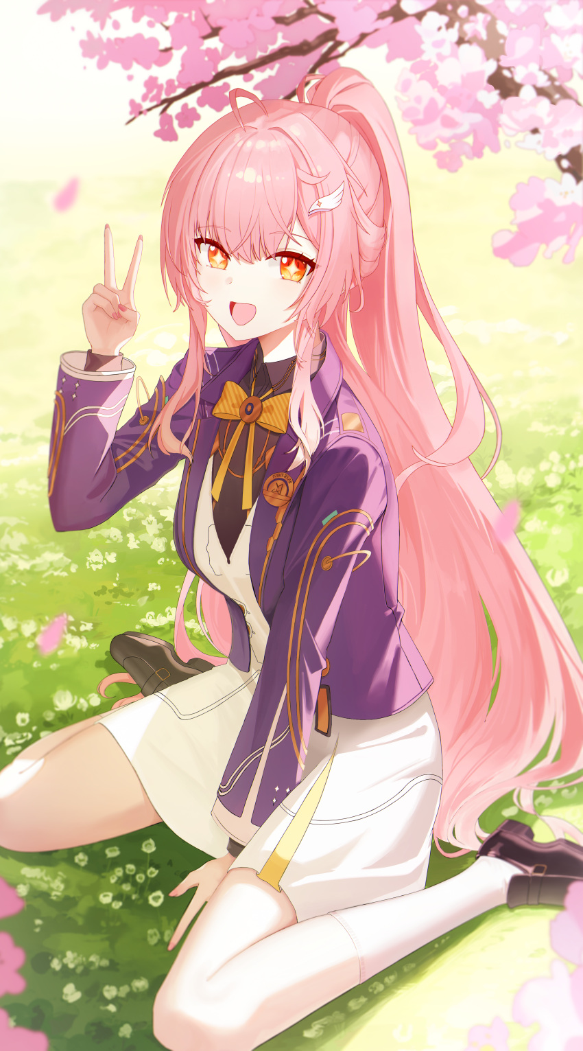 1girl, :d, absurdres, aemeath_(student)_(wuthering_waves), aemeath_(wuthering_waves), ahoge, bow, bowtie
