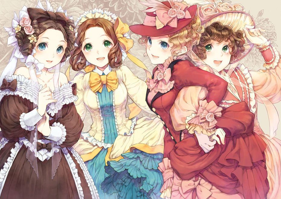 bare_shoulders, blonde_hair, blue_eyes, bonnet, bow, brown_dress, brown_hair, bustle, collarbone, curly_hair, dress, earrings, flower, frilled_dress, frills, gloves, gown, green_eyes, group, hair_bow, hair_flower, hair_ornament, hair_rings, hand_holding, happy, hat, headdress, holding_hands, jewelry, mole, multiple_girls, off_shoulder, open_mouth, original, pink_rose, porkpie_hat, red_dress, ribbon, ringlets, rose, russel_(yumeriku), short_hair, smile, strapless_dress, victorian, wavy_hair, white_gloves, yellow_dress