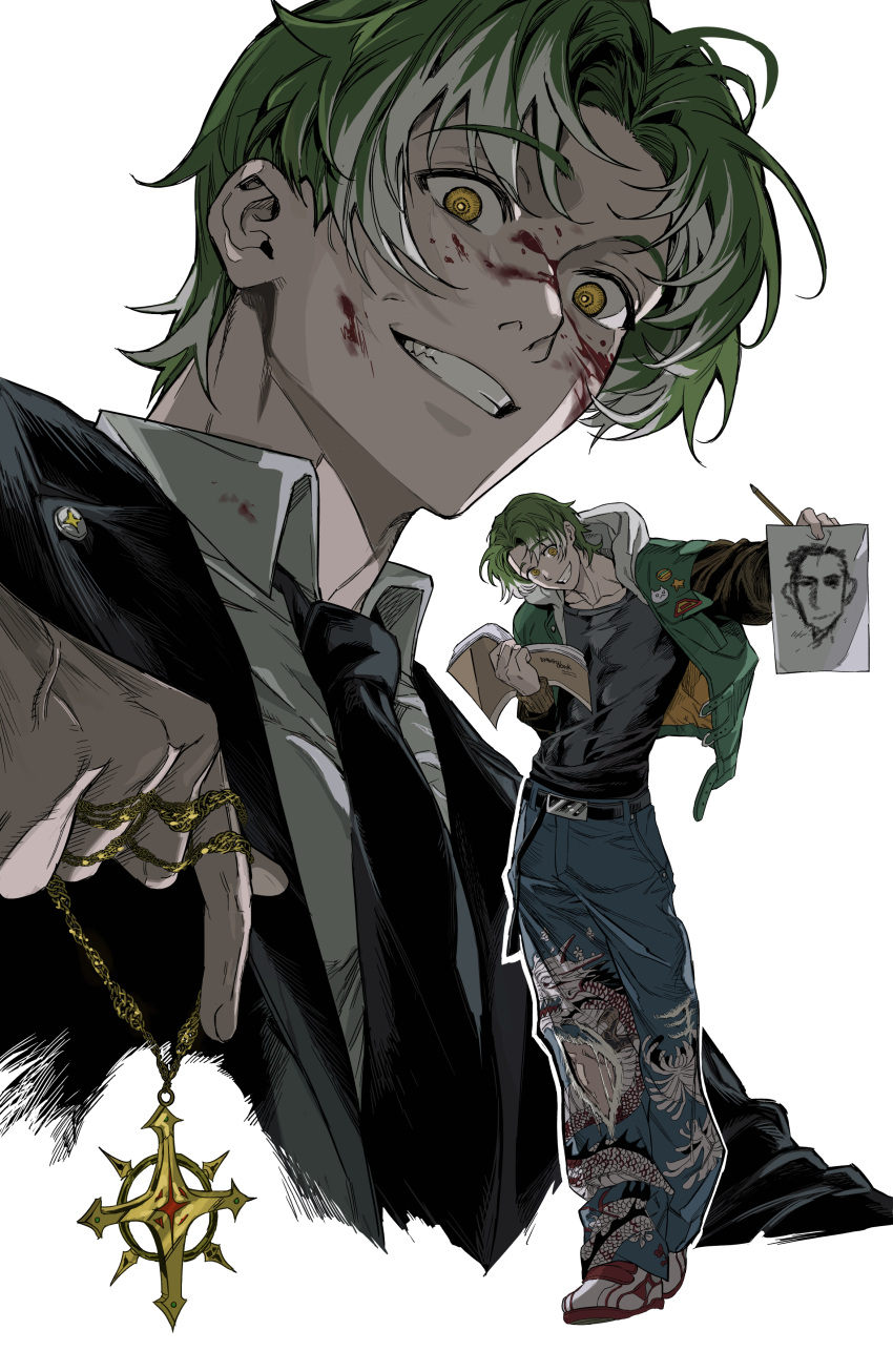 1boy, absurdres, belt_buckle, blood, blood_on_clothes, blood_on_face, buckle, chain