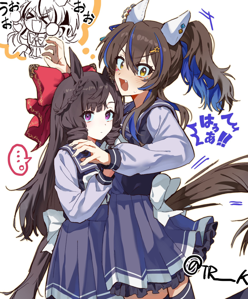 >_<, ..., 2girls, absurdres, animal_ears, blue_hair, blush, bow