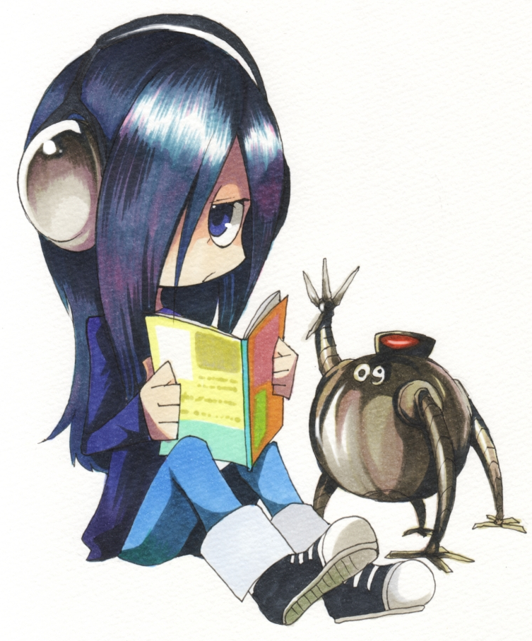 angry, blue_eyes, blue_hair, book, headphones, jeans, long_hair, pants