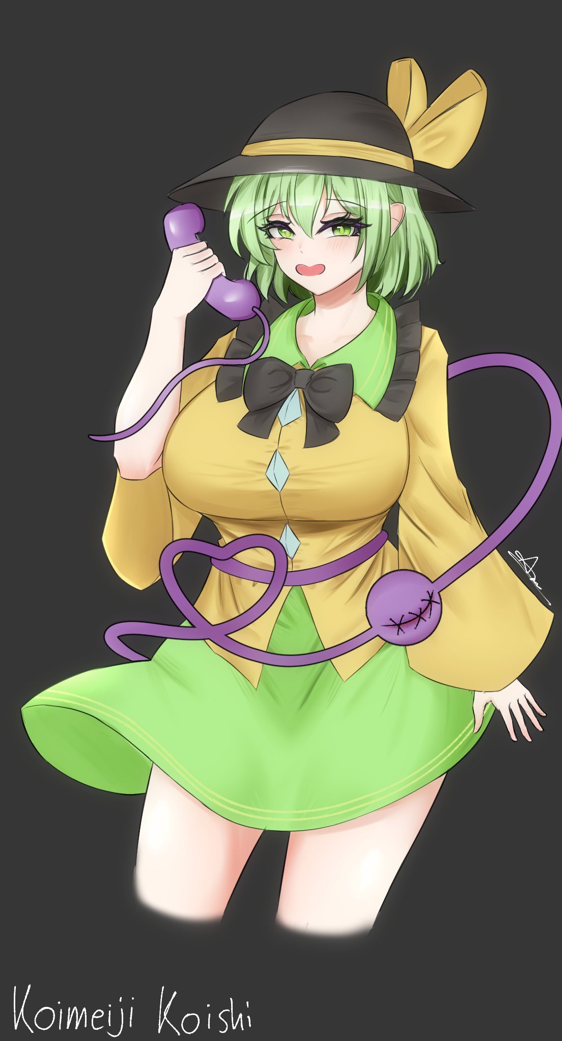 1girl, black_background, black_bow, black_bowtie, black_hat, bow, bowtie, breasts