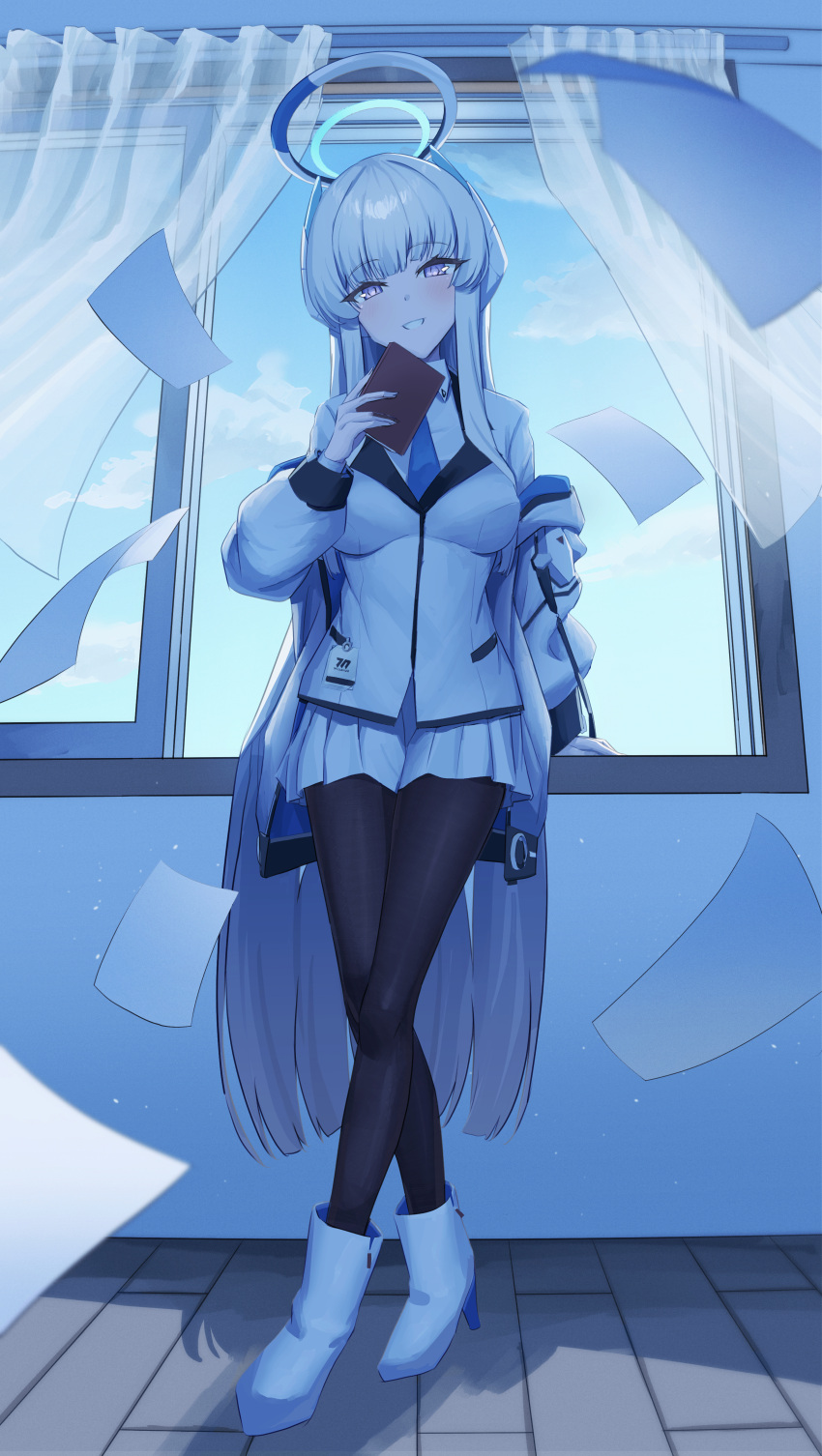 1girl, absurdres, black_pantyhose, blue_archive, blue_necktie, blue_sky, book, boots