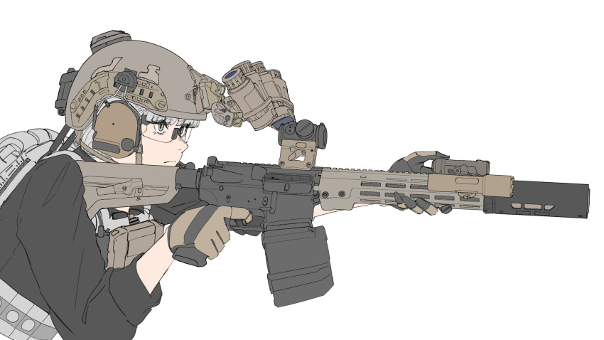 1girl, assault_rifle, backpack, bag, black_shirt, bulletproof_vest, chest_rig, earphones, extended_magazine, finger_on_trigger, glasses, gloves, gun, helmet, highres, holding, holding_weapon, lauging_man_(shun_a_t_i_o), leaning_forward, magazine_(weapon), night_vision, original, rifle, scope, shirt, simple_background, solo, weapon, weapon_request, white_background, white_hair