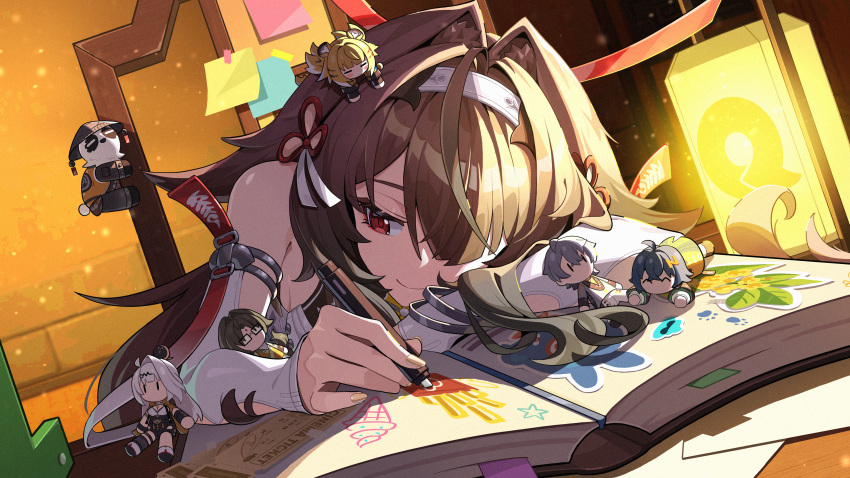 1girl, absurdres, animal_ears, bare_shoulders, belle_(delicate_sunlight)_(zenless_zone_zero), belle_(zenless_zone_zero), book, brown_hair