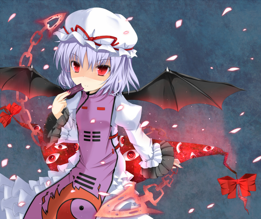 bat_wings, blue_hair, chain, chains, cosplay, fujieda_uduki, fujieda_uzuki, gap, hat, red_eyes, remilia_scarlet, solo, tabard, touhou, trigram, wings, yakumo_yukari, yakumo_yukari_(cosplay)