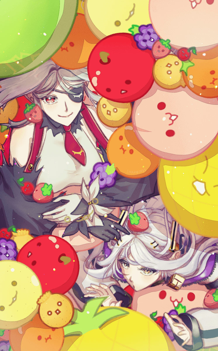 2girls, black_gloves, breasts, eyepatch, food, fruit, general_geega, gloves