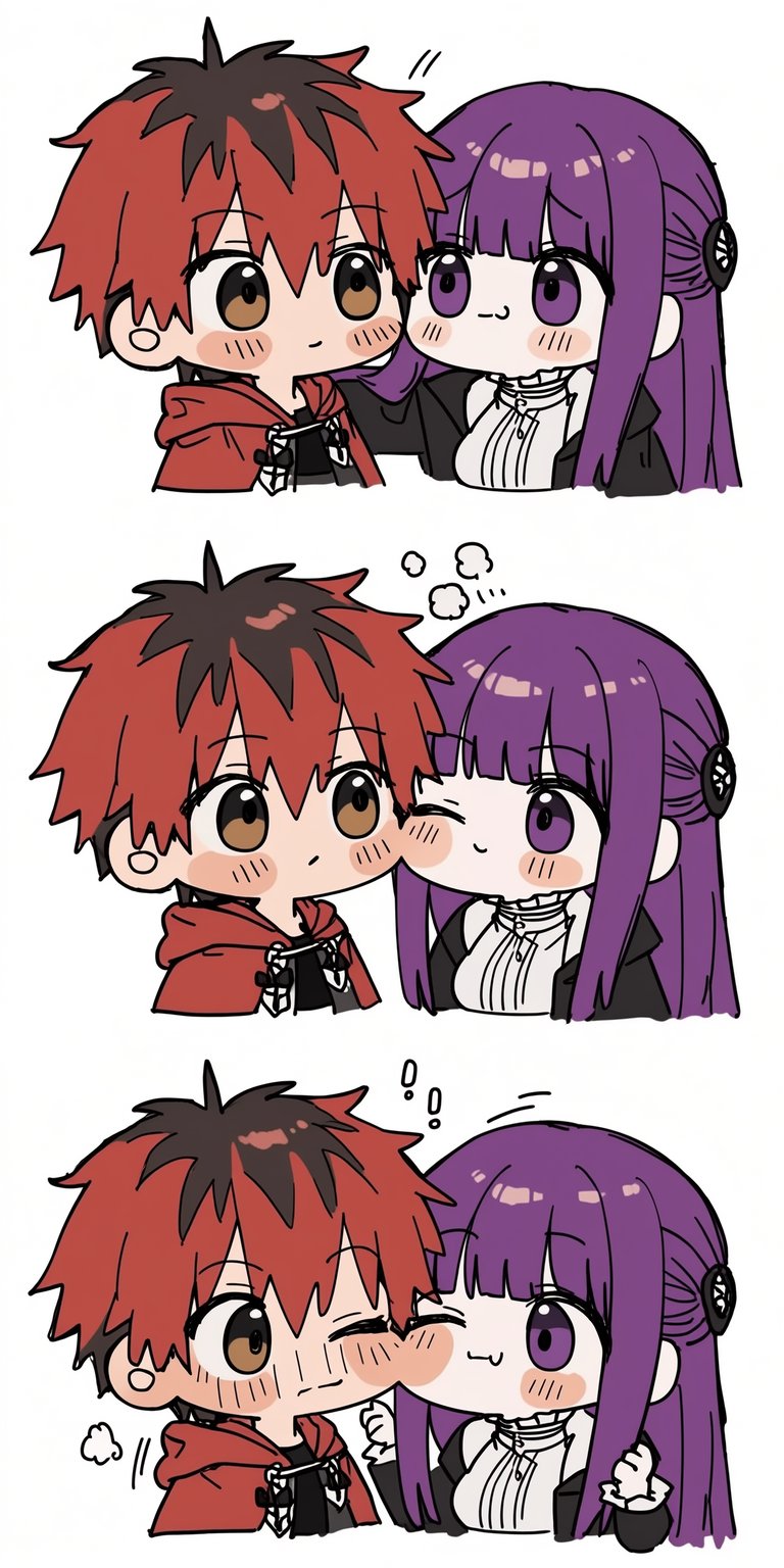 1boy, 1girl, black_hair, blunt_bangs, blush, breasts, brown_eyes, cheek-to-cheek