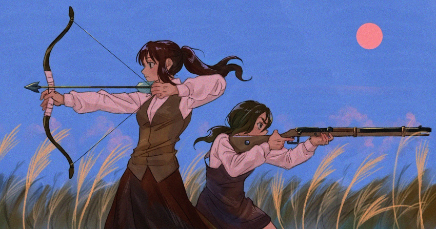 0109h, 2girls, aiming, arrow_(projectile), black_dress, black_eyes, black_hair, blue_sky