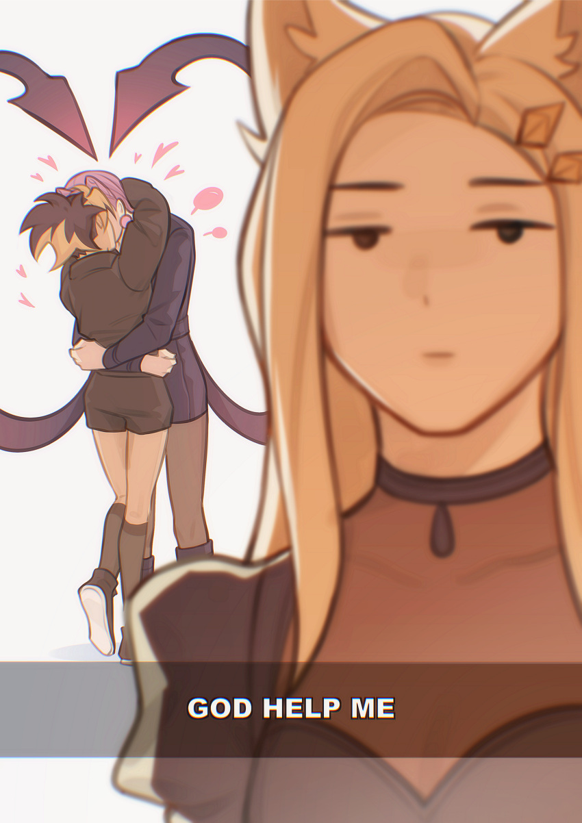 3girls, absurdres, ahri_(league_of_legends), akali, animal_ears, arms_around_neck, black_hair, blonde_hair, closed_mouth, earrings, evelynn_(league_of_legends), goku_inu_go_kuken, hair_ornament, hairclip, heart, heel_up, highres, hug, jewelry, k/da_(league_of_legends), k/da_all_out_ahri, k/da_all_out_akali, k/da_all_out_evelynn, kiss, league_of_legends, long_hair, multicolored_hair, multiple_girls, short_hair, yuri