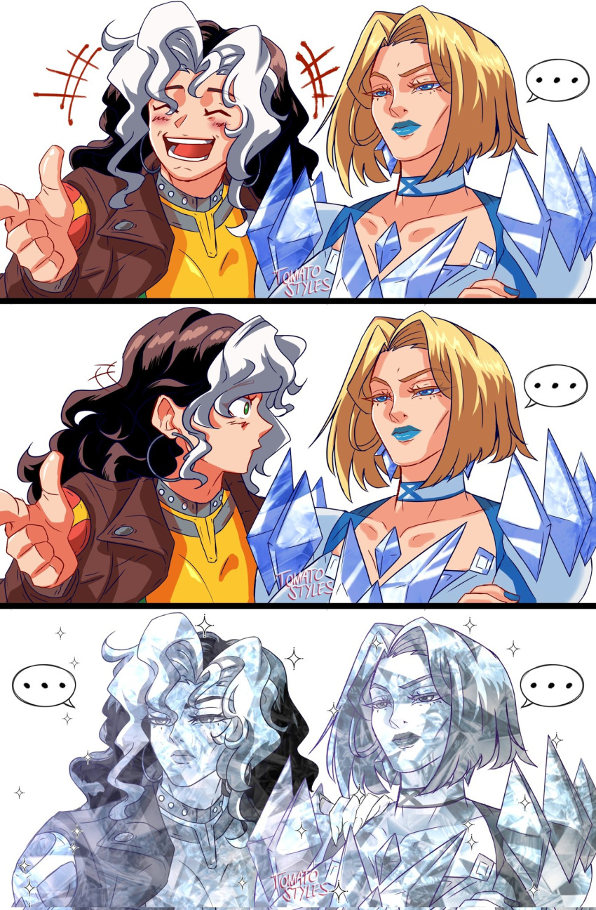 2girls, blonde_hair, blue_eyes, blue_lips, blue_nails, bodysuit, breasts, colored_bangs, commentary, diamond-shaped_earrings, diamond_(gemstone), diamond_earrings, diamond_skin, earrings, emma_frost, green_bodysuit, highres, jacket, jewelry, laughing, leather, leather_jacket, lipstick, long_hair, looking_at_viewer, makeup, marvel, marvel_rivals, meme, multicolored_bodysuit, multicolored_hair, multiple_girls, rogue_(x-men), superhero_costume, tomatostyles17, two-tone_bodysuit, two-tone_hair, unamused_friend_comic_(meme), untranslatable_commentary, x-men, yellow_bodysuit