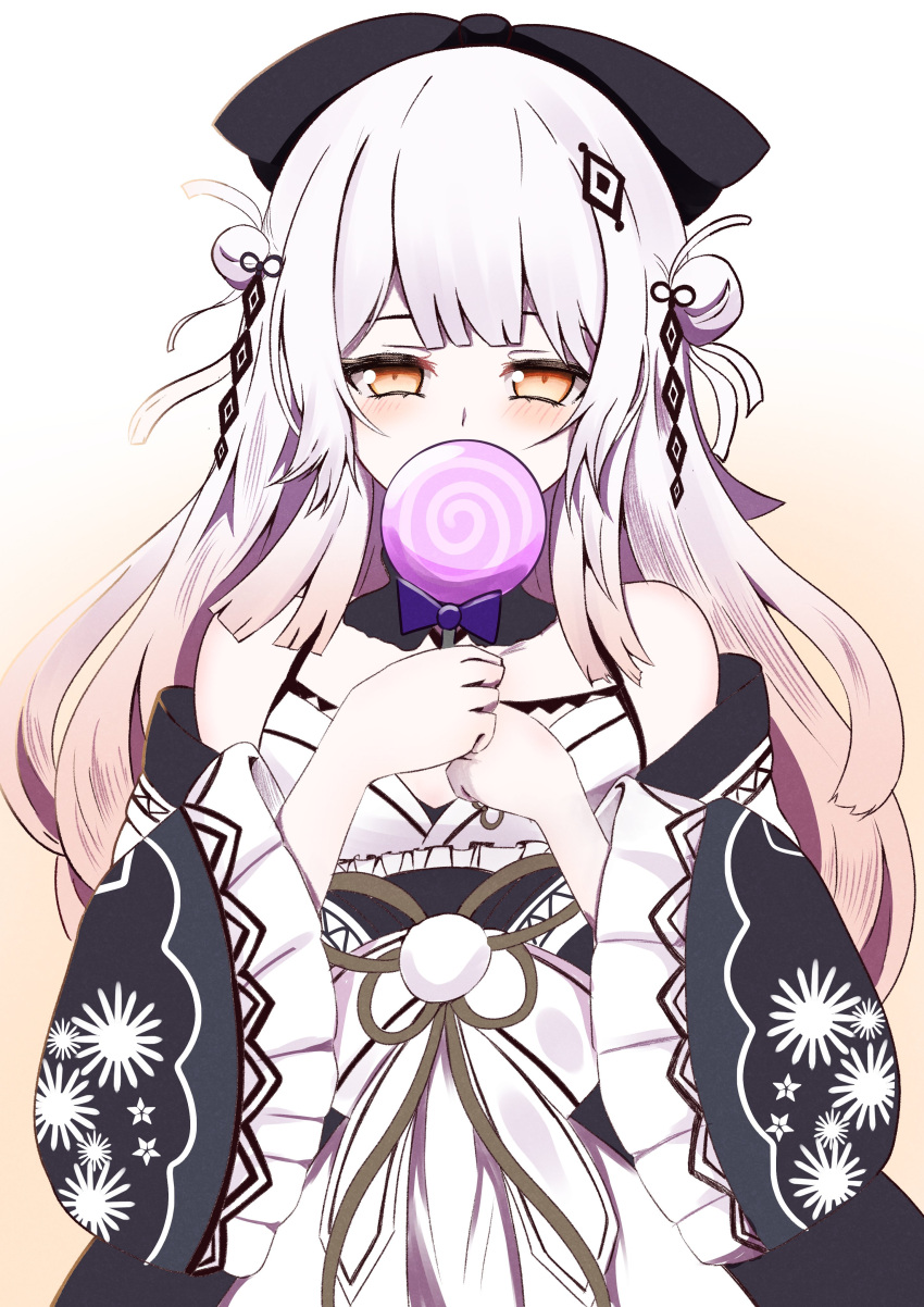 1girl, absurdres, blush, candy, commentary_request, floral_print, food, hair_ornament, hat, highres, hime_cut, holding, holding_candy, holding_food, houdaidoya, japanese_clothes, long_hair, looking_at_viewer, magical_girl, mahou_shoujo_no_inshuu_mura, orange_eyes, watanuki_sakuya_(manomura), white_hair, wide_sleeves