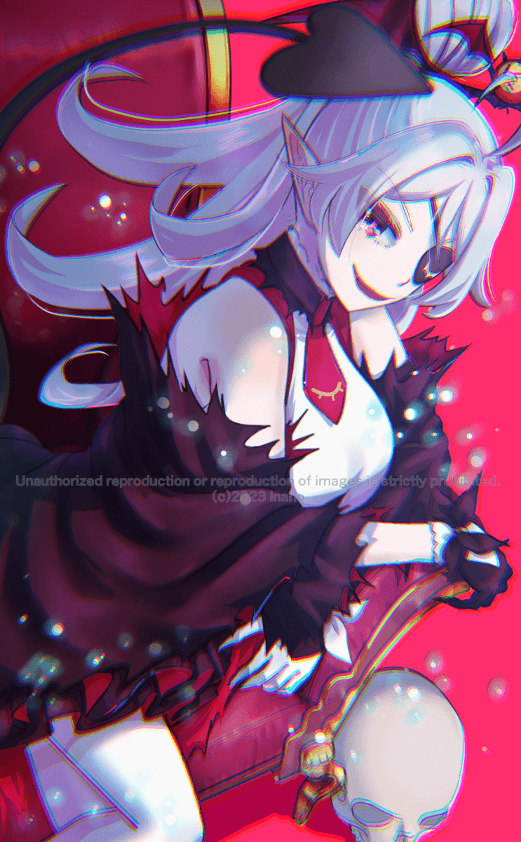 1girl, ahoge, bare_shoulders, black_gloves, breasts, demon_tail, eyepatch, general_geega, general_geega_(underworld_casual), gloves, grey_hair, highres, ina2_2023, looking_at_viewer, necktie, open_mouth, pantyhose, pointy_ears, ponytail, red_background, red_eyes, red_necktie, skirt, skull, smile, tail, virtual_youtuber, vshojo, white_pantyhose