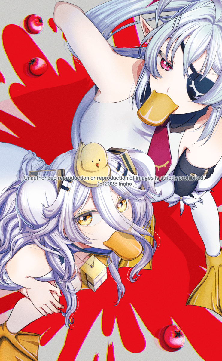 2girls, ahoge, animal_on_head, beak, bird, breasts, cube, duck