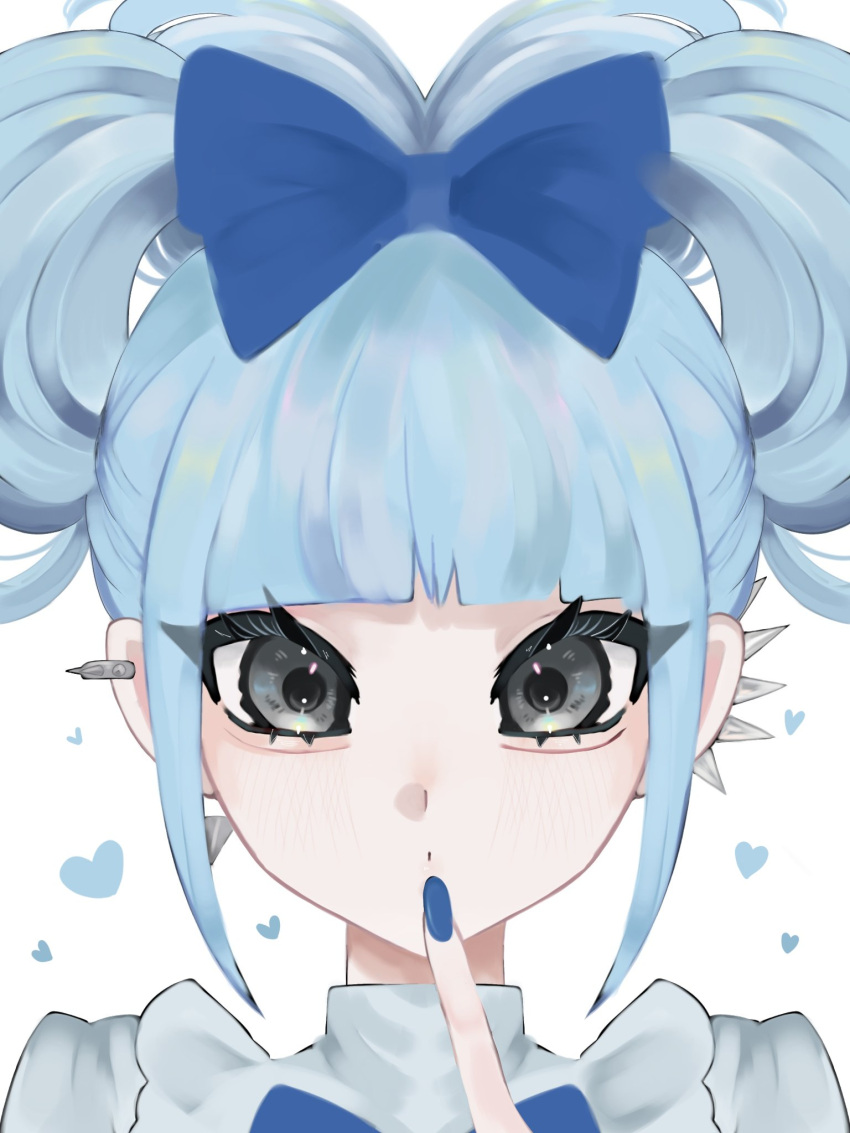 1girl, 4oex0hm7qx5855, alternate_hairstyle, black_eyes, blue_bow, blue_hair, blue_nails, blunt_bangs