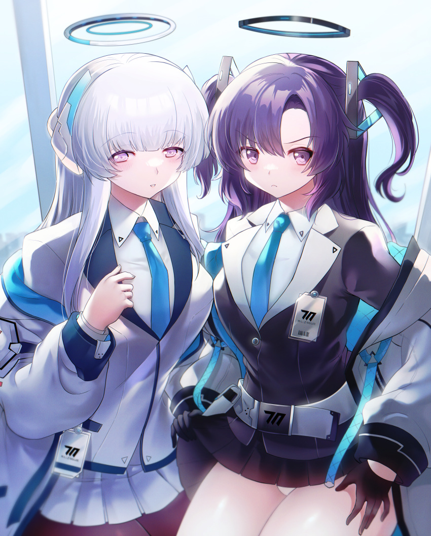 2girls, absurdres, aqua_necktie, black_gloves, black_jacket, black_suit, blue_archive, blue_eyes