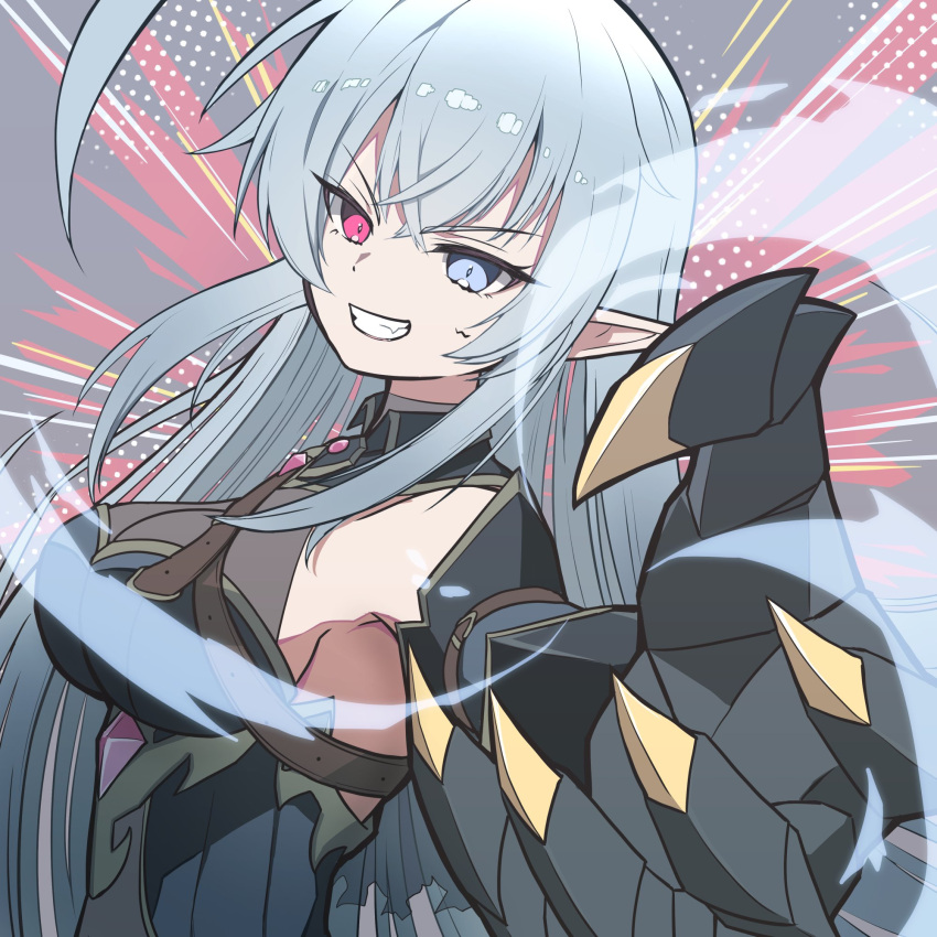 1girl, ahoge, black_gauntlets, blue_dress, blue_eyes, breasts, clawed_gauntlets, dress, gauntlets, general_geega, grey_hair, heterochromia, highres, huge_ahoge, kinuge_mouse, large_breasts, leotard, long_hair, looking_at_viewer, pointy_ears, reaching, reaching_towards_viewer, red_eyes, see-through_cleavage, see-through_clothes, see-through_leotard, sideboob, single_gauntlet, virtual_youtuber, vshojo