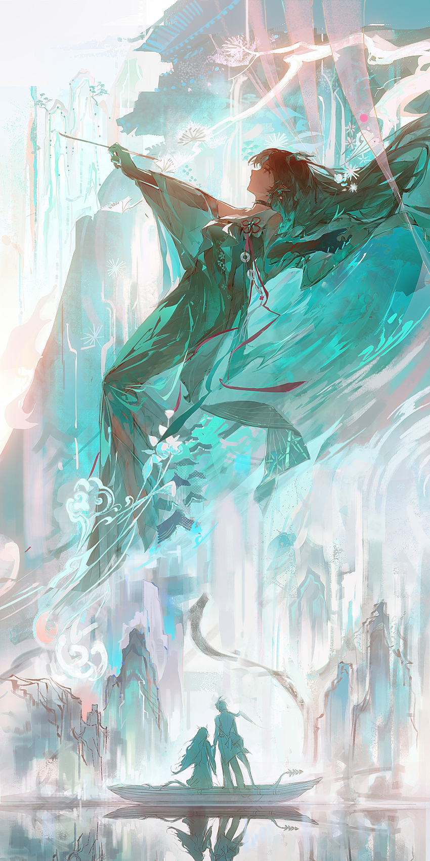 1boy, 1girl, absurdres, arknights, black_hair, chinese_clothes, chinese_commentary, chongyue_(arknights), colored_skin, commentary_request, dragon_girl, dragon_horns, dragon_tail, dusk_(arknights), dusk_(hazy_jade)_(arknights), elibushieli_(muli4665), green_hands, green_skin, hanfu, highres, holding, holding_paintbrush, horns, long_hair, paintbrush, pointy_ears, red_eyes, tail