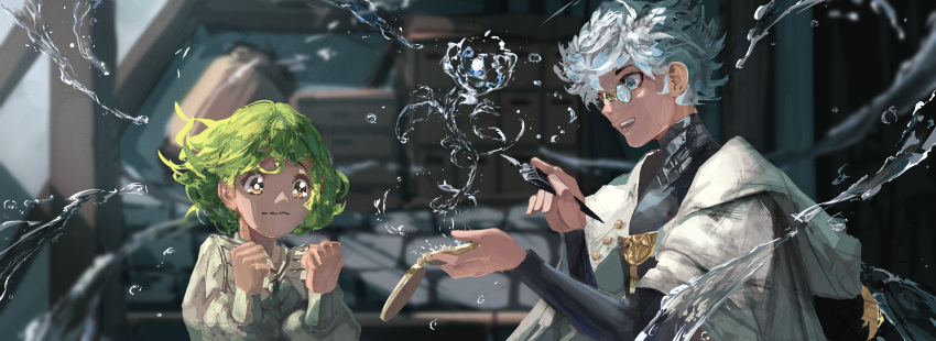 1boy, 1girl, absurdres, blue_eyes, closed_mouth, coco_(tongari_boushi_no_atelier), commentary_request, green_hair
