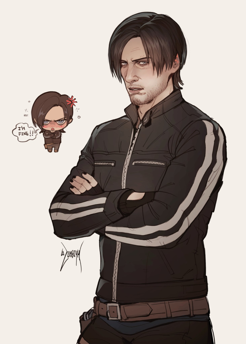 1boy, aegyo_sal, beard, belt, black_gloves, black_jacket, blue_eyes, brown_hair