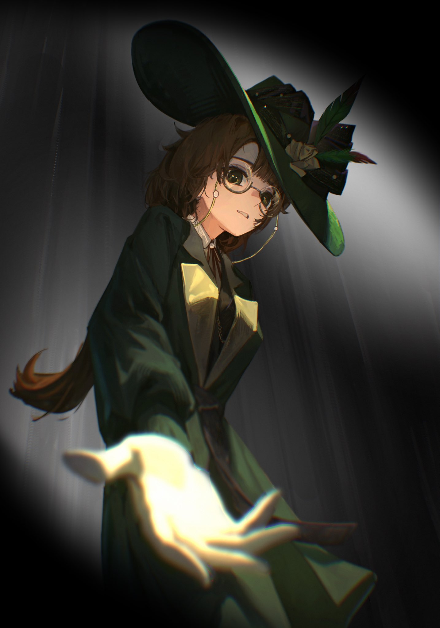 1girl, black_background, commentary_request, flower, from_below, glasses, gloves, green_eyes