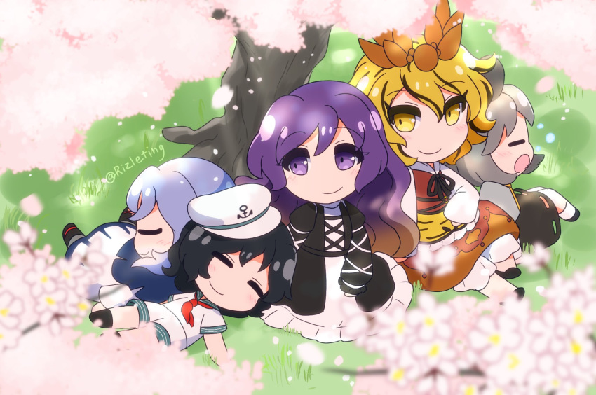 5girls, anchor_symbol, animal_ears, animal_print, black_bow, black_bowtie, black_dress, black_hair
