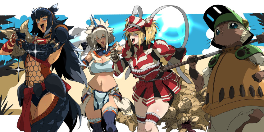1girl, 3girls, armor, bike_shorts, black_hair, blonde_hair, blush, desert