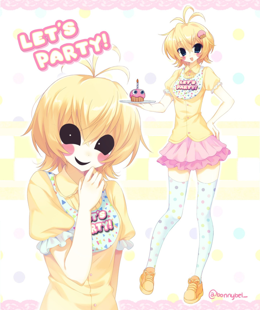1girl, animatronic, animification, bib, black_eyes, blonde_hair, cupcake, cupcake_(fnaf)
