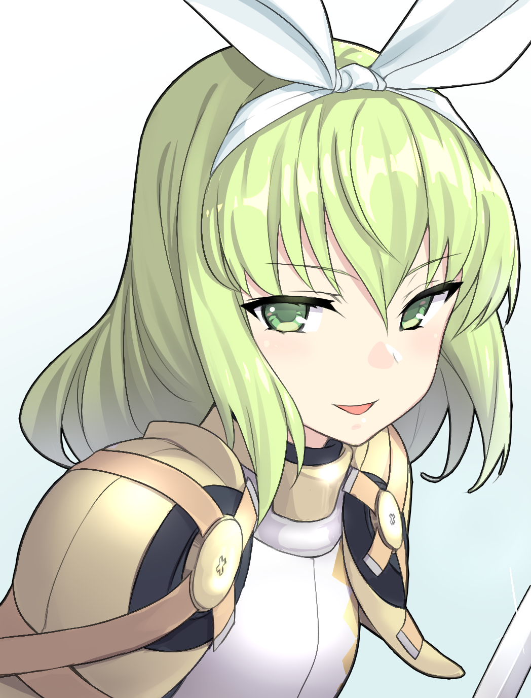 1girl, apo_(apos2721), armor, bow_hairband, commentary_request, green_eyes, green_hair, hair_ribbon