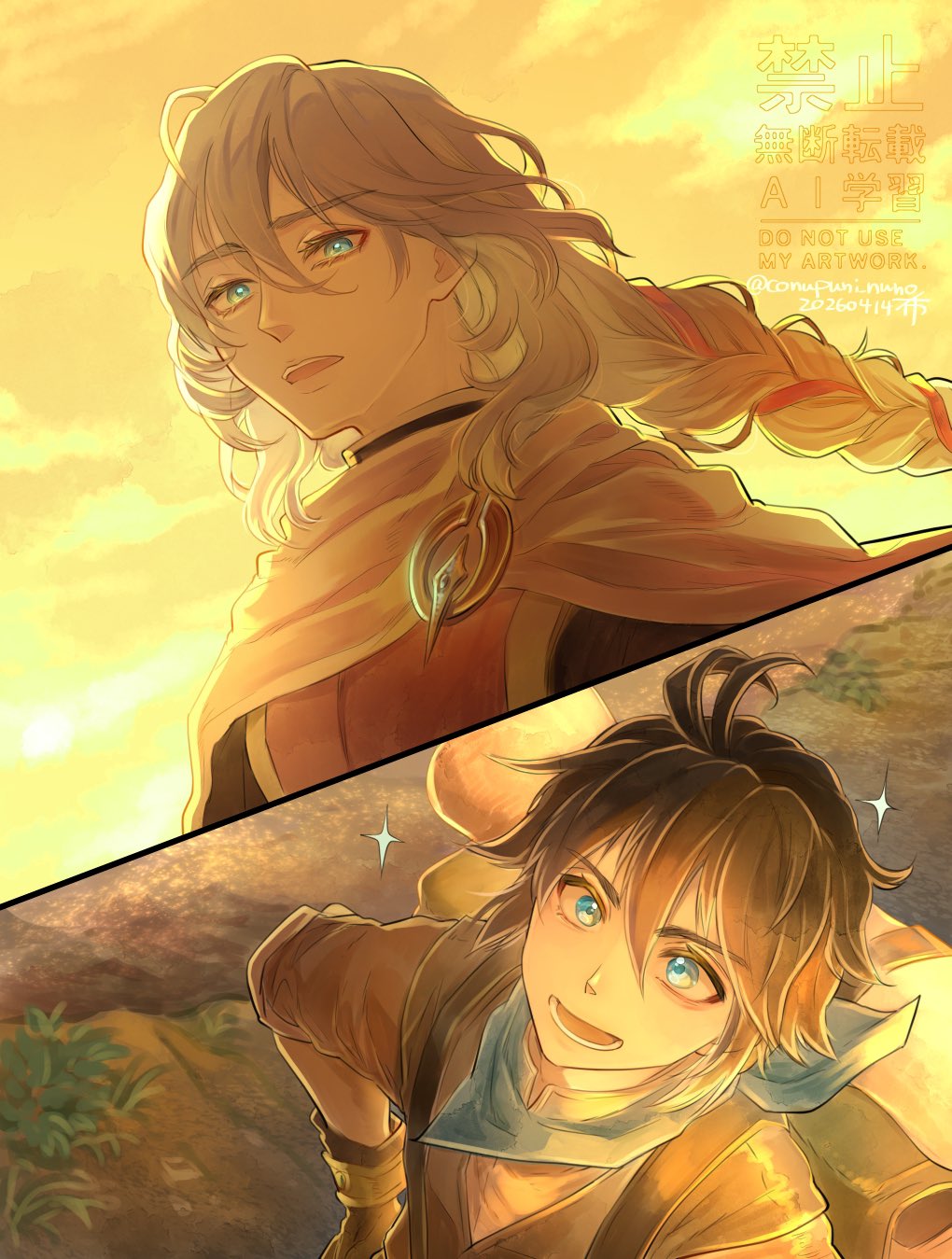 2boys, backpack, bag, blue_eyes, braid, braided_ponytail, brown_hair, cape, commentary_request, conupuni_nuno, grey_hair, hair_between_eyes, highres, male_focus, multiple_boys, octopath_traveler, octopath_traveler:_champions_of_the_continent, octopath_traveler_0, open_mouth, outdoors, ringbearer_(octopath_traveler), sazantos_(octopath_traveler), short_hair, sky, sparkle, watermark, wide-eyed, yellow_sky
