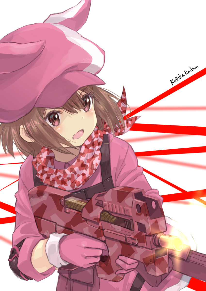 1girl, ammunition_pouch, artist_name, bandana, brown_hair, camouflage_bandana, child, commentary_request