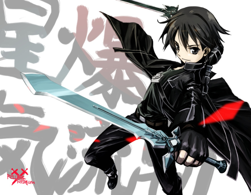 1boy, ankle_boots, artist_logo, artist_name, belt, black_boots, black_coat, black_gloves, black_hair, black_pants, black_shirt, boots, brown_belt, coat, collared_coat, commentary_request, dark_repulser, dual_wielding, elucidator, fingerless_gloves, floating_clothes, floating_shards, foot_out_of_frame, gloves, grey_eyes, grey_trim, hands_up, holding, holding_sword, holding_weapon, jun_(rellik_&amp;_redrum), kirito, logo, long_sleeves, male_focus, messy_hair, pants, scabbard, sheath, shirt, short_hair, smile, solo, sword, sword_art_online, v-shaped_eyebrows, watermark, weapon, white_background, wing_collar