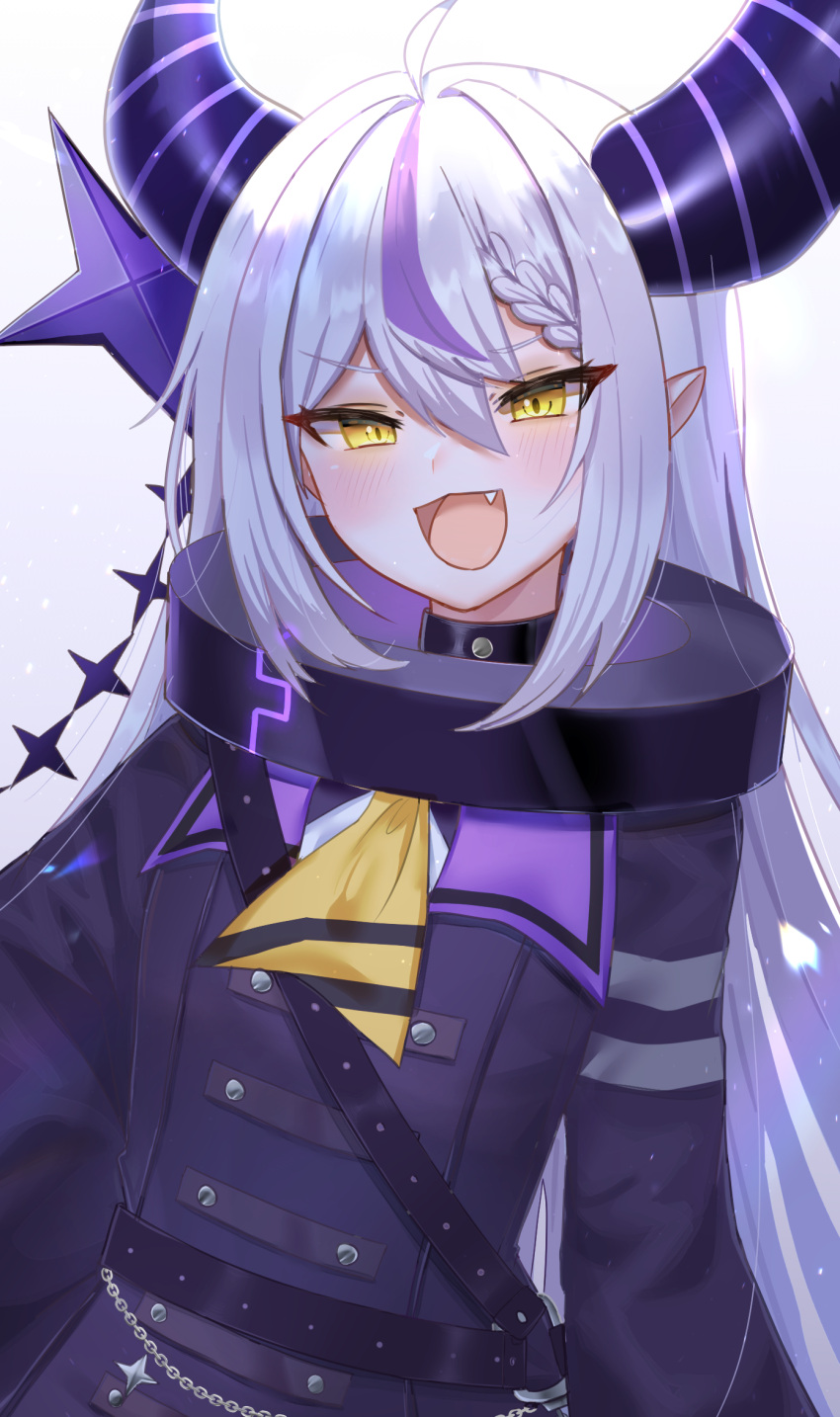 1girl, ahoge, black_dress, coat_dress, collar, commentary_request, dress, fang
