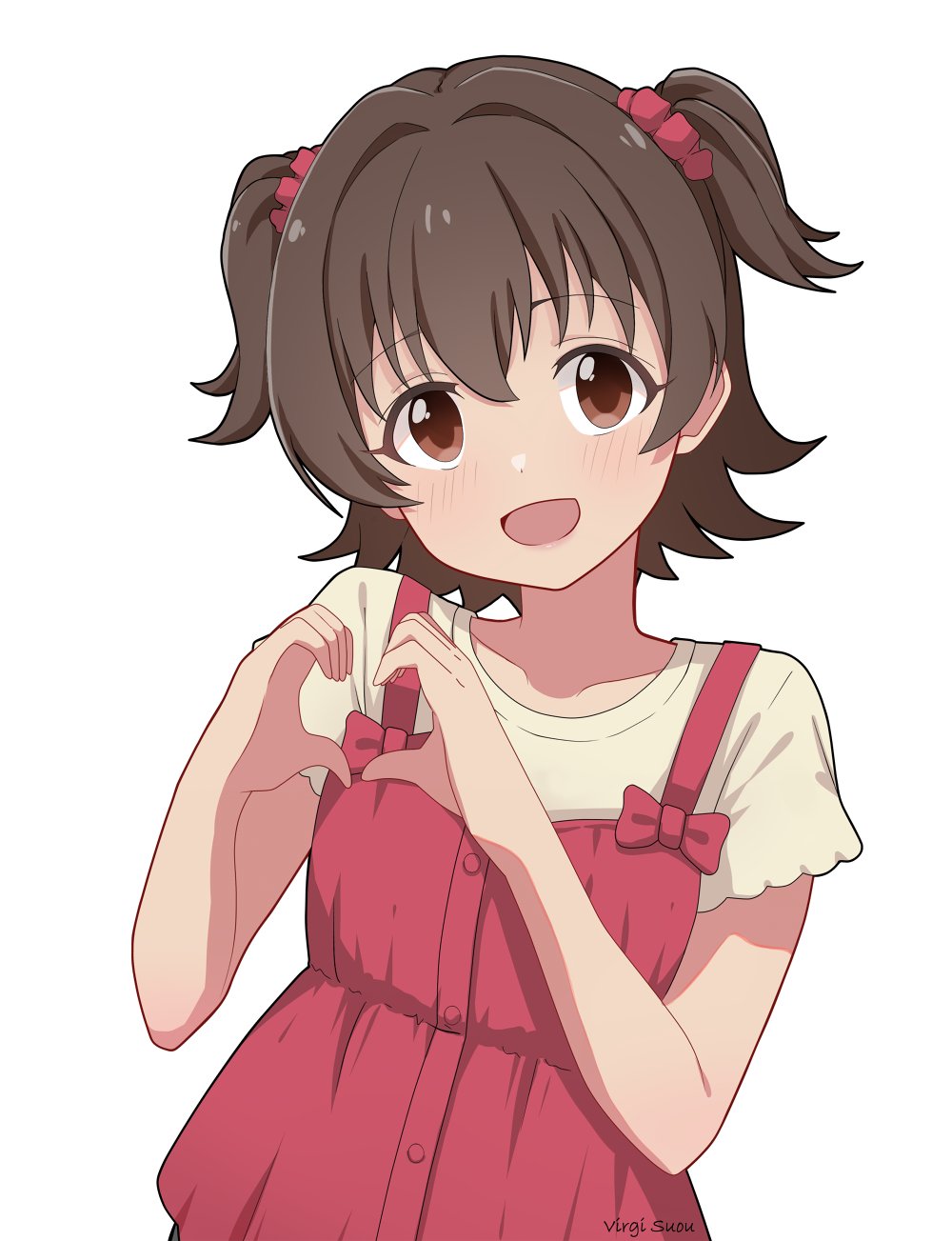 1girl, akagi_miria, artist_name, brown_eyes, brown_hair, commentary, dress, hair_intakes, hair_ornament, hair_scrunchie, heart, heart_hands, highres, idolmaster, idolmaster_cinderella_girls, light_blush, open_mouth, red_dress, scrunchie, shirt, short_hair, short_twintails, sidelocks, simple_background, smile, solo, twintails, untranslatable_commentary, upper_body, virgi_kemplang, white_background, white_shirt