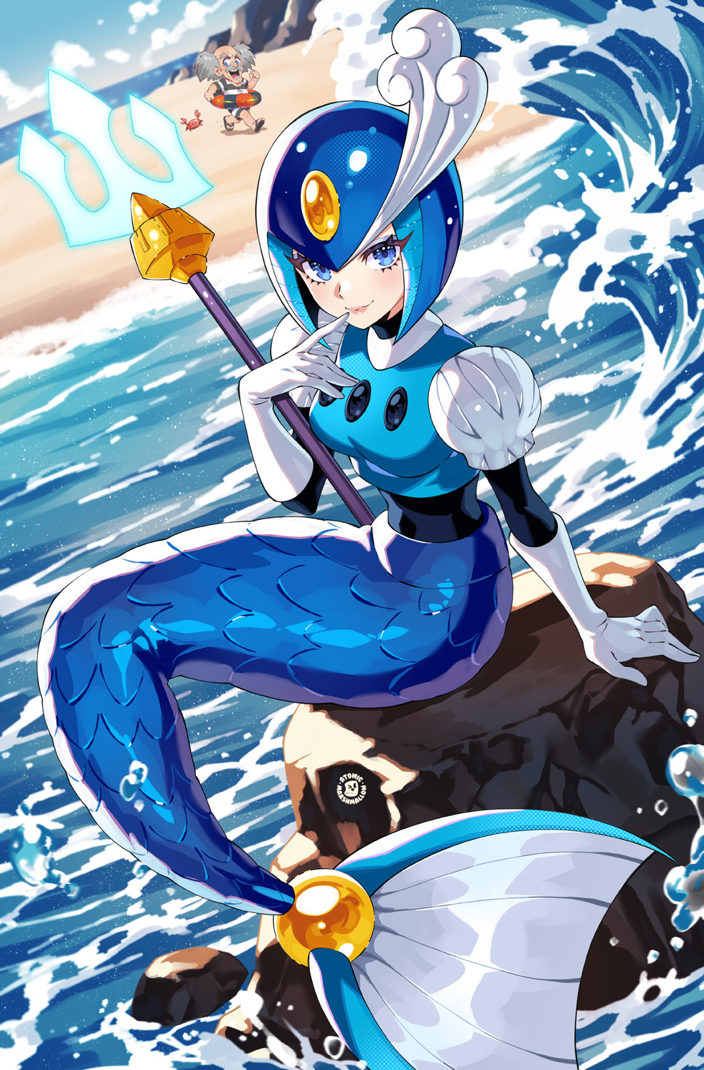 1boy, 1girl, android, arm_support, atomicmrshmallw, beach, black_bodysuit, blue_eyes